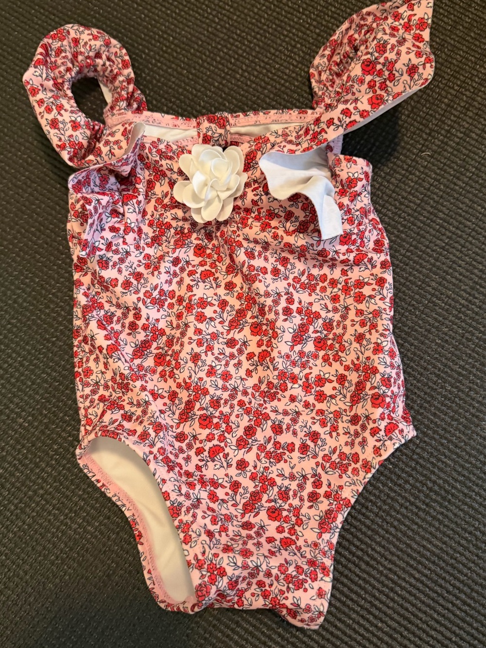 Janie and Jack Pink Floral One-Piece Swimsuit with White Flower Accent